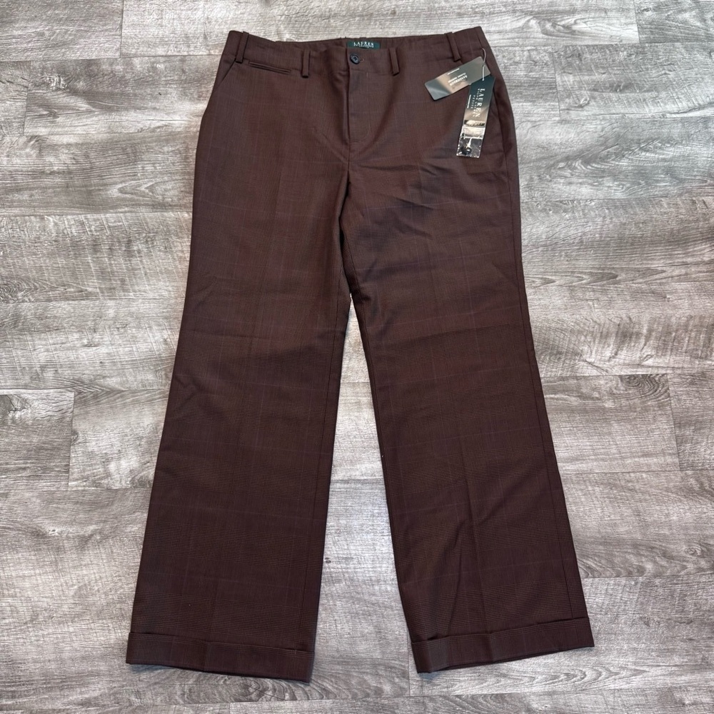NWT Lauren Ralph Lauren Classic Trouser Sanderson Wool Brown Plaid Womens 14P